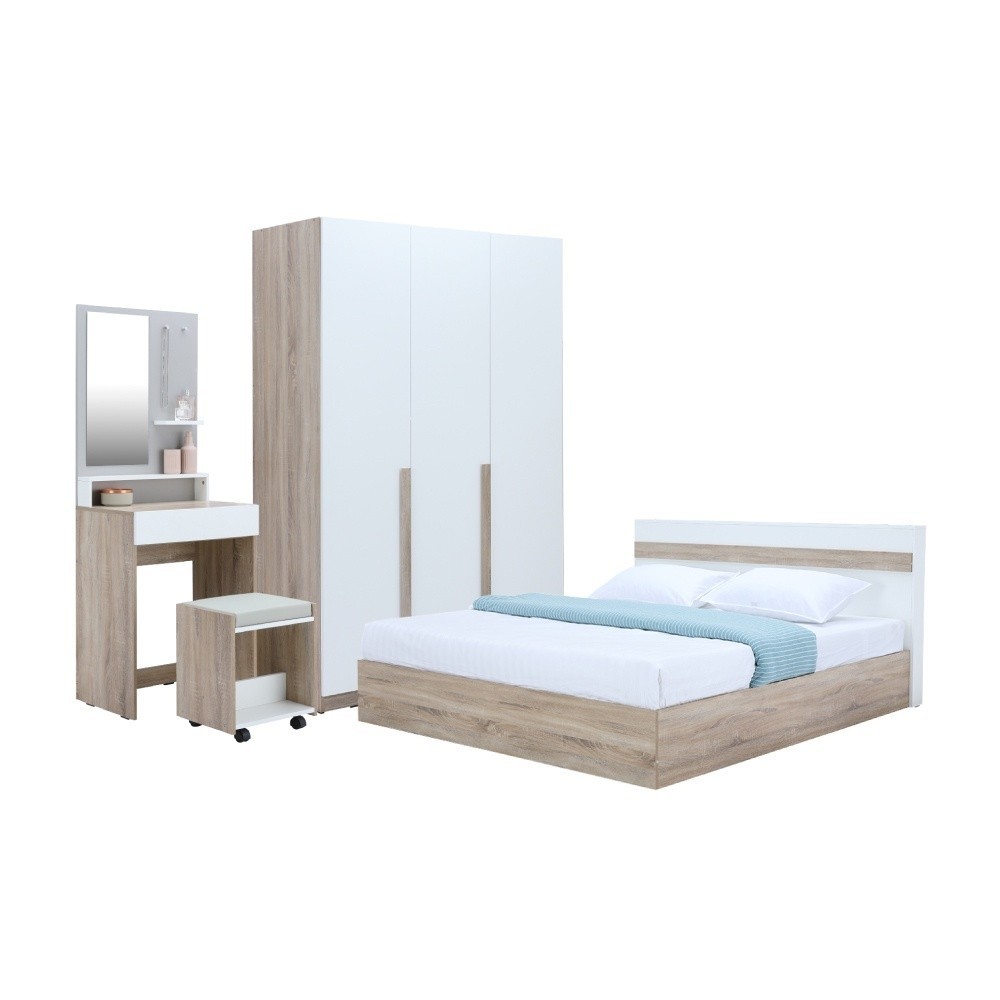 Furinbox ชุดห้องนอน รุ่นมินิโอ (เตียง, ตู้เสื้อผ้า 3 บาน, โต๊ะเครื่องแป้งพร้อมสตูล) สีธรรมชาติ/ขาว - มี 2 ขนาดให้เลือก