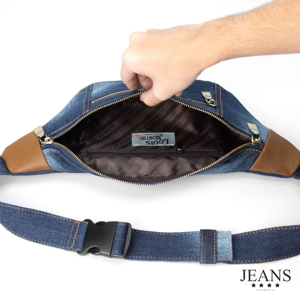 Louis Montini (JEANS) กระเป๋าคาดอก  Belt bag ผ้ายีนส์ผสมหนังวัวเเท้ JEAN02