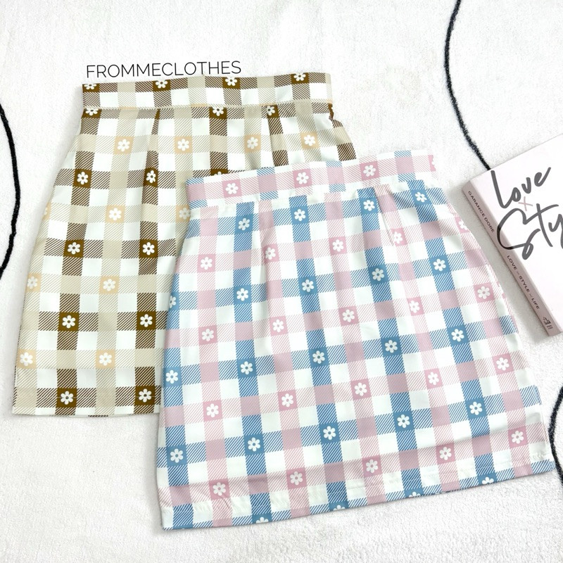 กระโปรงทรงเอลายตารางดอกไม้XS-5XL