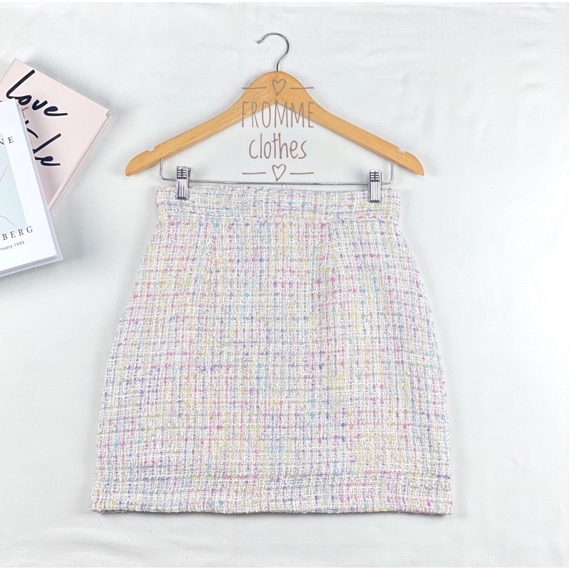 Frommeclothes🌈กระโปรงทรงเอผ้าทวิตสีขาวทอลายพาสเทล(XS-5XL)
