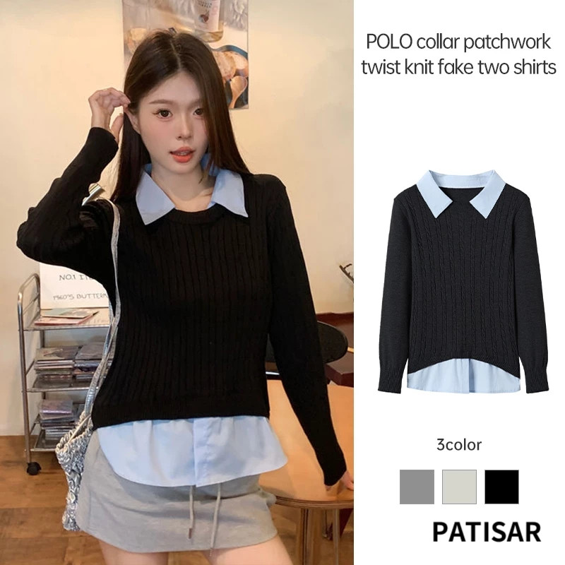 เสื้อโปโลคอปก Twisted เสื้อถักแขนยาวผู้หญิง Splicing ปลอมเสื้อสองชิ้น PR