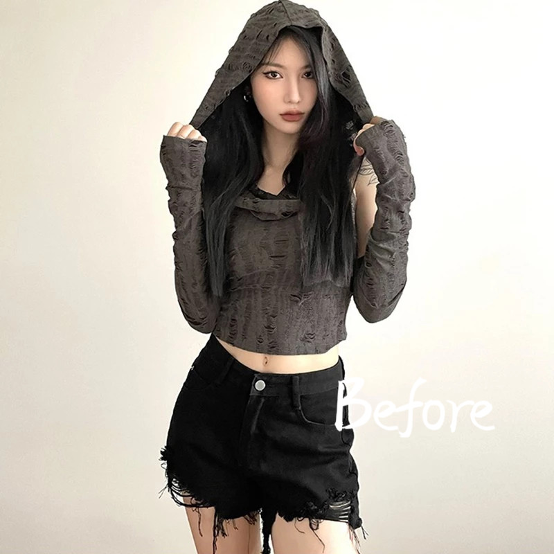 เสื้อยืดผู้หญิง 2025 สีทึบ เสื้อฮู้ดแขนยาวทรงสลิมฟิตสไตล์ลำลอง BF
