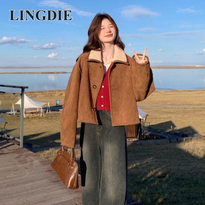 LINGDIE เสื้อโค้ทผู้หญิงเสื้อโค้ทขนสัตว์เนื้อแกะสองด้านเสื้อหนังกลับหนาแบบสั้น