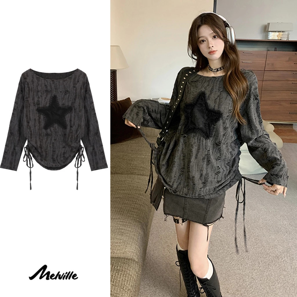 เสื้อยืดแขนยาว คอกลม ป้องกันแดด ทรงหลวม ลายดาว สามมิติ แฟชั่นฤดูใบไม้ร่วง สไตล์เกาหลี สําหรับผู้หญิง MEL