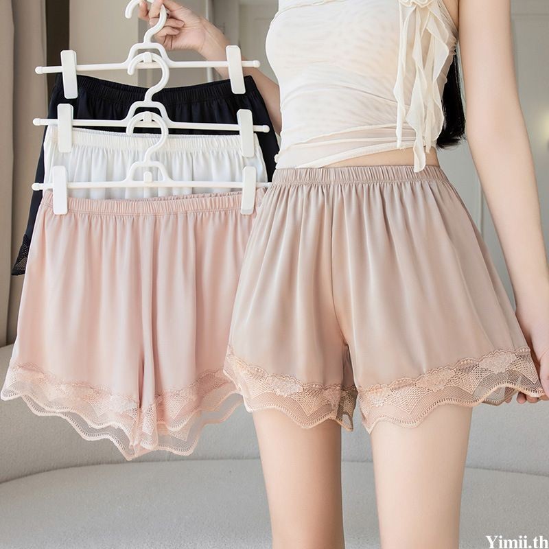 【 Yimii.th 】🎀ส่งมอบทันที🎀กางเกงผ้าซาติน กางเกงขาสั้นผู้หญิง กางเกงใส่นอน ปลายขาแต่งลูกไม้ เอวยืดได้เยอะ ผ้านิ่ม บางเบา สวมใส่สบาย Y