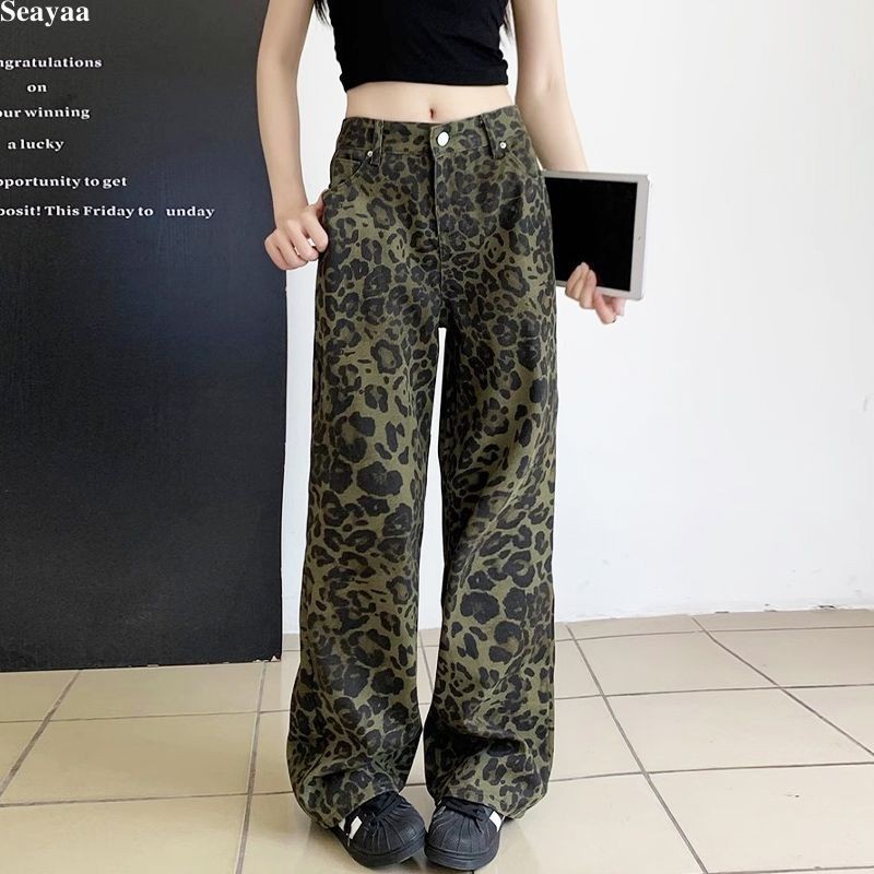 ผู้หญิงย้อนยุคเอวสูงกางเกงยีนส์หลวมกางเกงขาตรงเสือดาวพิมพ์กางเกงยีนส์ขากว้าง SY