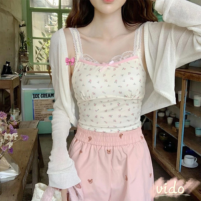 สไตล์เกาหลีหวานด้านบนดอกไม้ลูกไม้ขอบยกทรงผู้หญิงอเนกประสงค์Bottomingเสื้อ VIDO