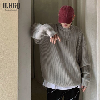 TLHGQ เสื้อสเวตเตอร์คอกลมสีทึบผู้ชาย สไตล์ป่าหลวมและอินเทรนด…