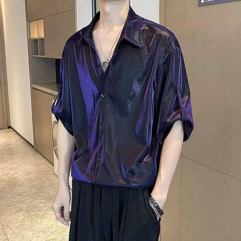 TLHGQ เสื้อเชิ้ตโลหะเงาในอนาคตผู้ชายและผู้หญิงอินเทรนด์เปลี่ยนของเหลวแขนสั้น beachwear