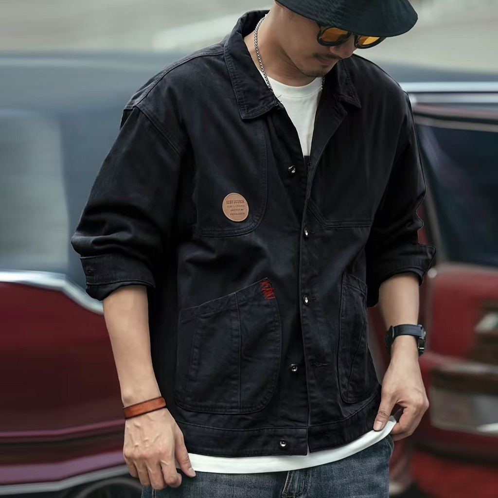 TLHGQ ชุดทํางาน เสื้อแจ็คเก็ตผู้ชายหลวมแฟชั่นแบรนด์ขนาดบวกอเมริกันด้านบนย้อนยุคแจ็คเก็ตลําลอง