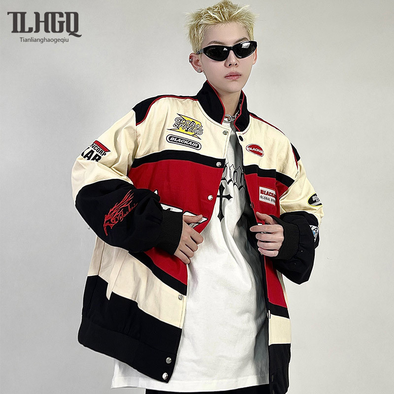 TLHGQ เสื้อแจ็คเก็ตผู้ชาย ผู้ชายอเมริกันวินเทจเบสบอลเสื้อแฟชั่นชนสีเสื้อ