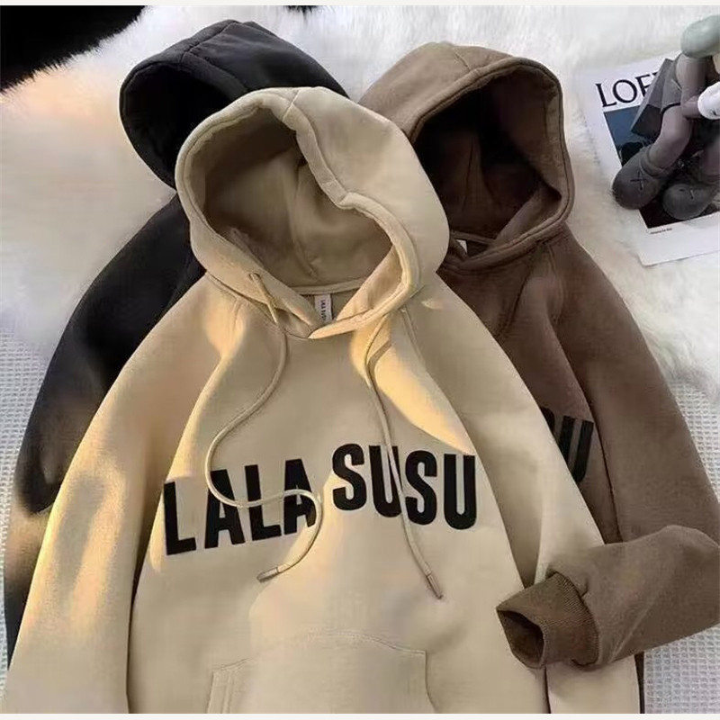 TLHGQ อเมริกันย้อนยุค ตัวอักษร พิมพ์ กํามะหยี่ มีฮู้ด เสื้อกันหนาว ฤดูใบไม้ร่วง หลวม และอเนกประสงค์ มีฮู้ด เสื้อกันหนาว สําหรับผู้ชาย และผู้หญิง - รูปที่ 5