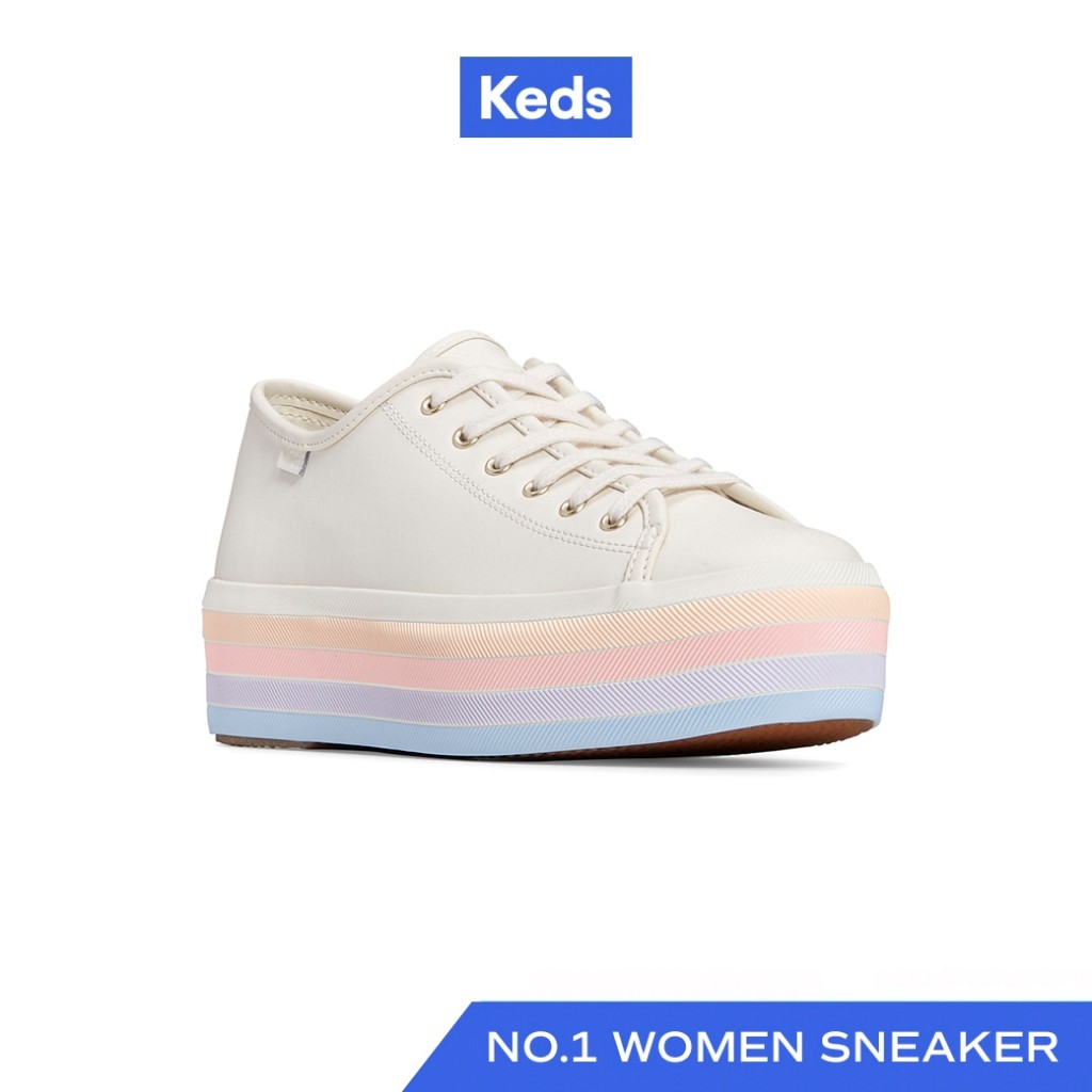KEDS รองเท้าผ้าใบหนัง มีส้น รุ่น TRIPLE UP LEATHER MULTI STRIPE FOXI สีขาว ( WH67845 )