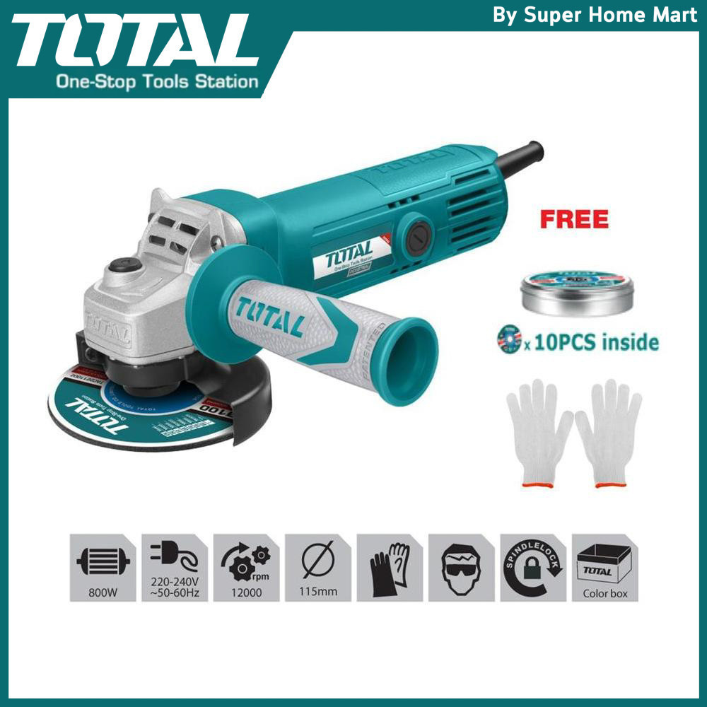 Total เครื่องเจียรไฟฟ้า 4 นิ้ว 800 วัตต์ แถมใบตัด 10 ใบ + ถุงมือ 1 คู่ (ในกล่อง) สินค้ารับประกัน 1 ปี รุ่น TG1081006A