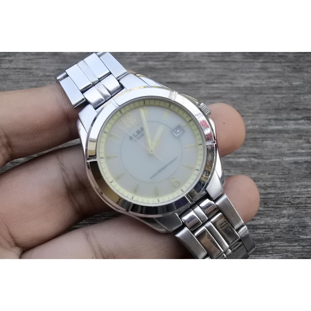 นาฬิกา Vintage มือสองญี่ปุ่น ALBA SOLAR V145 0BE0 QUARTZ ผู้ชาย ทรงกลม กรอบเงิน 38มม ตัวเรือนสแตนเลส