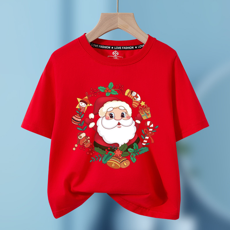 เสื้อผ้าเด็กคริสต์มาส เสื้อยืดเด็กสีแดง น่ารัก XMAS สไตล์ซานต้า christmas t shirt cotton แขนระบาย คอกลมสีพื้น