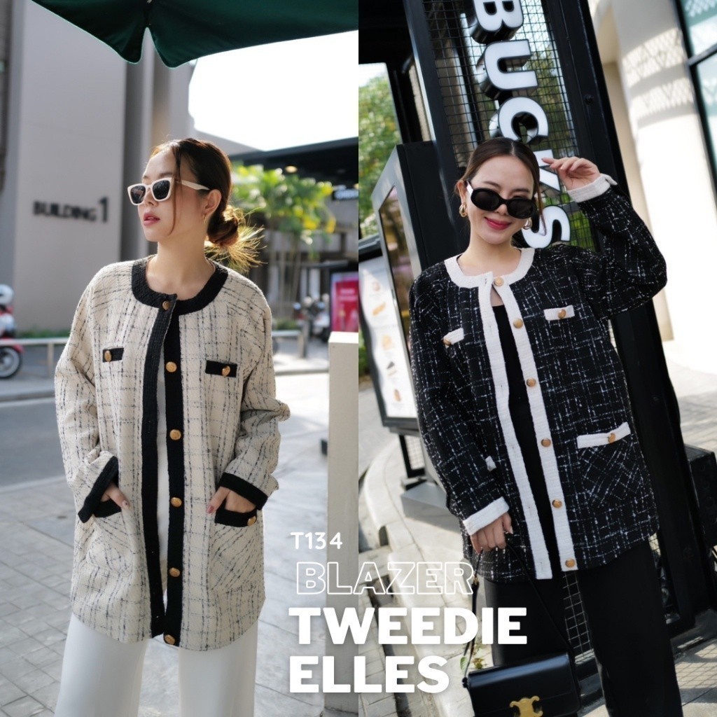 MyWay Brand : Blazer Tweedie Elles เสื้อสูท สูทตัวยาว สูทสีดำ สีครีม