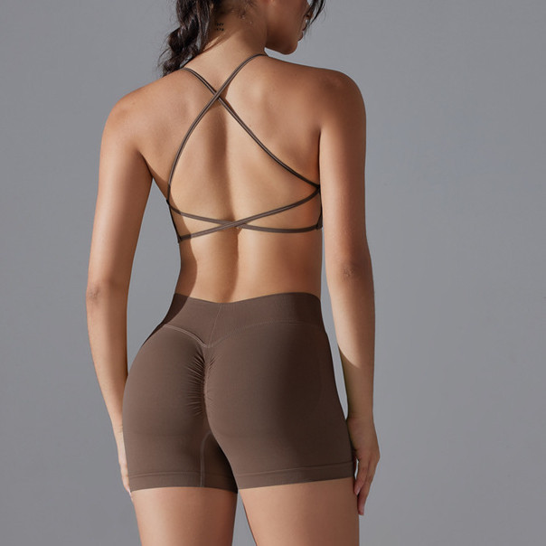 Yoga Sports Set Seamless Knitted Cross Back Sports Bra And High Waist Pleats Hip Sports Shorts — صورة 8