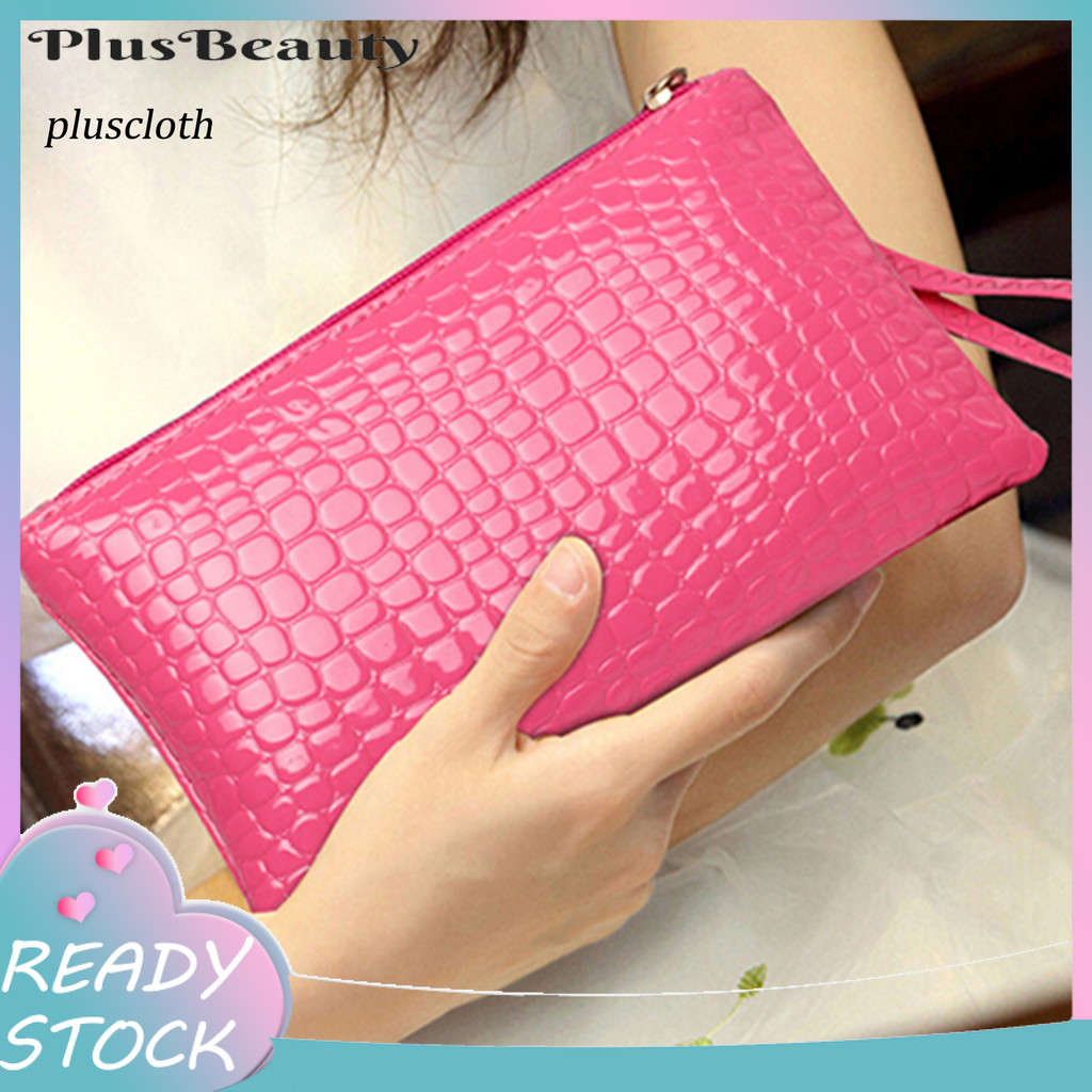 <Pluscloth> กระเป๋าถือ หนังเทียม มีซิป แบบพกพา สีพื้น สําหรับใส่โทรศัพท์มือถือ ทํางาน