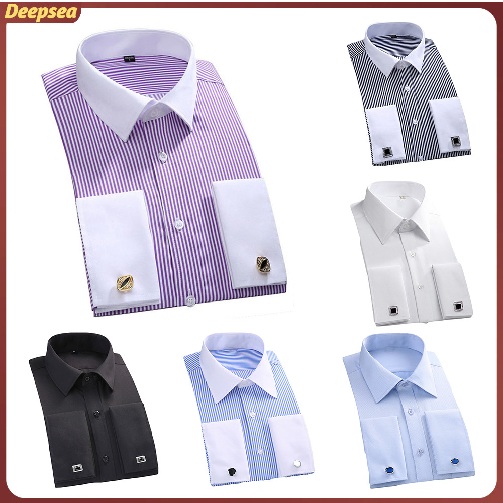 Dpa Men French Style Convertible Cuff Buttons Down Striped Shirt with Cufflinks
