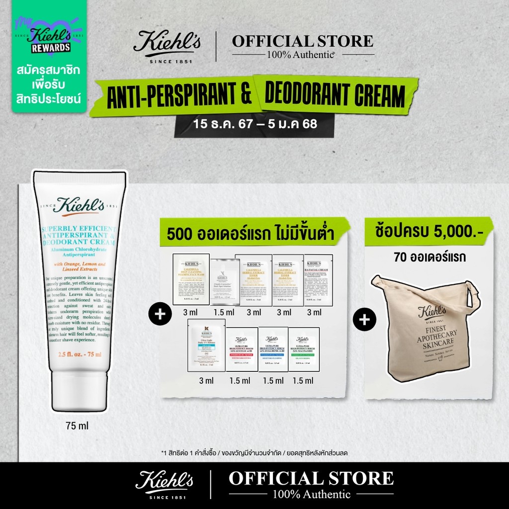 KIEHL'S SUPERBLY EFFICIENT ANTI-PERSPIRANT & DEODORANT CREAM 75ML ครีมระงับเหงื่อ ขจัดกลิ่นกาย สะอาดหอมสดชื่น