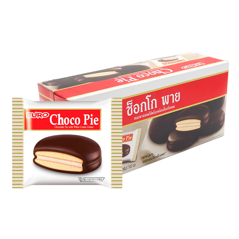 ยูโร่ ช็อกโกพาย พายสอดไส้ครีมเคลือบช็อกโกแลต 18 ก. x 12 EURO CHOCOPIE Chocolate Center 18 g x 12