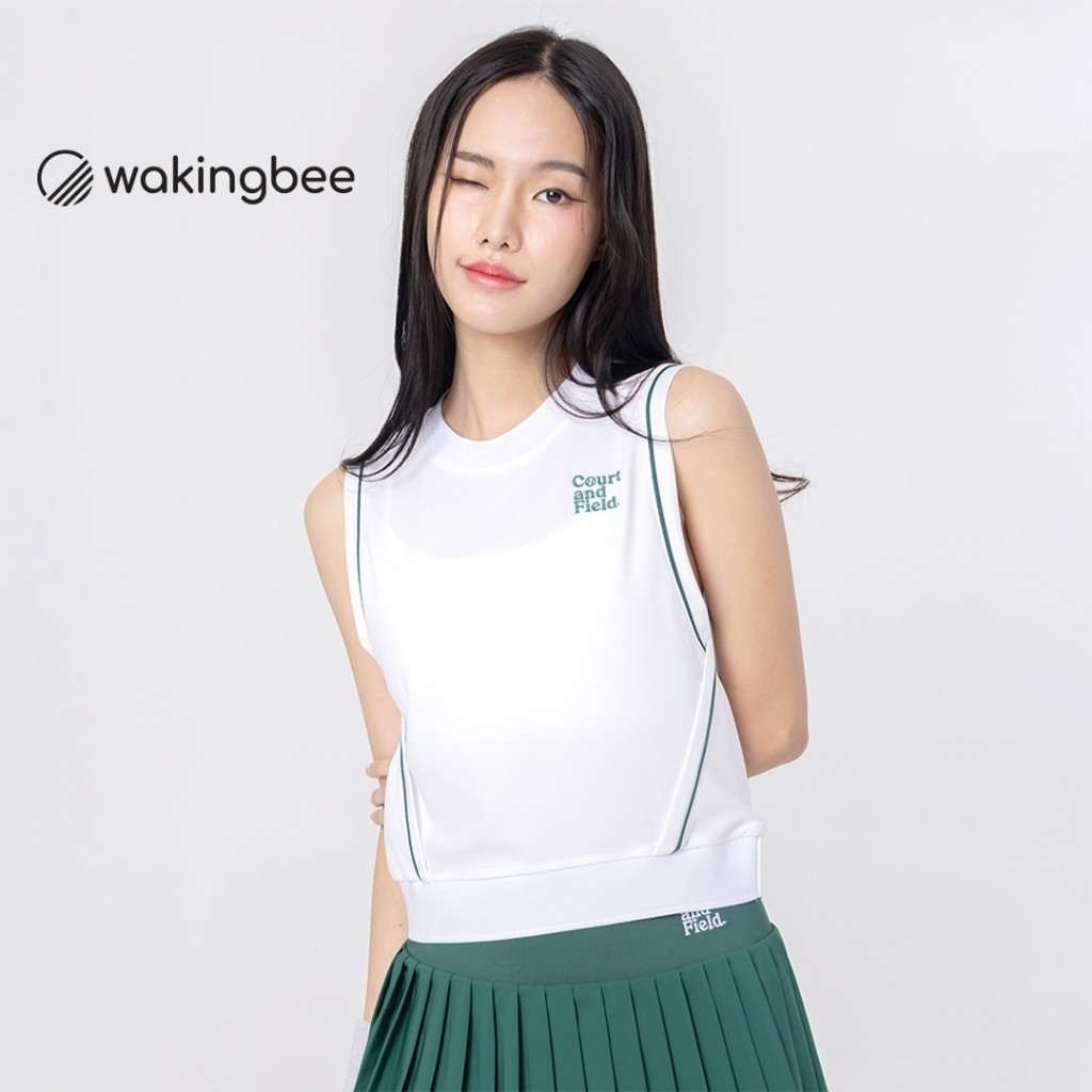 Wakingbee Fore Vest (White) เสื้อคร้อป แขนกุด ขอบจัมพ์ กุ๊นขอบและปัก สไตล์วินเทจ ใส่คลุมออกกำลังกาย ผ้ากันยูวี แห้งไว