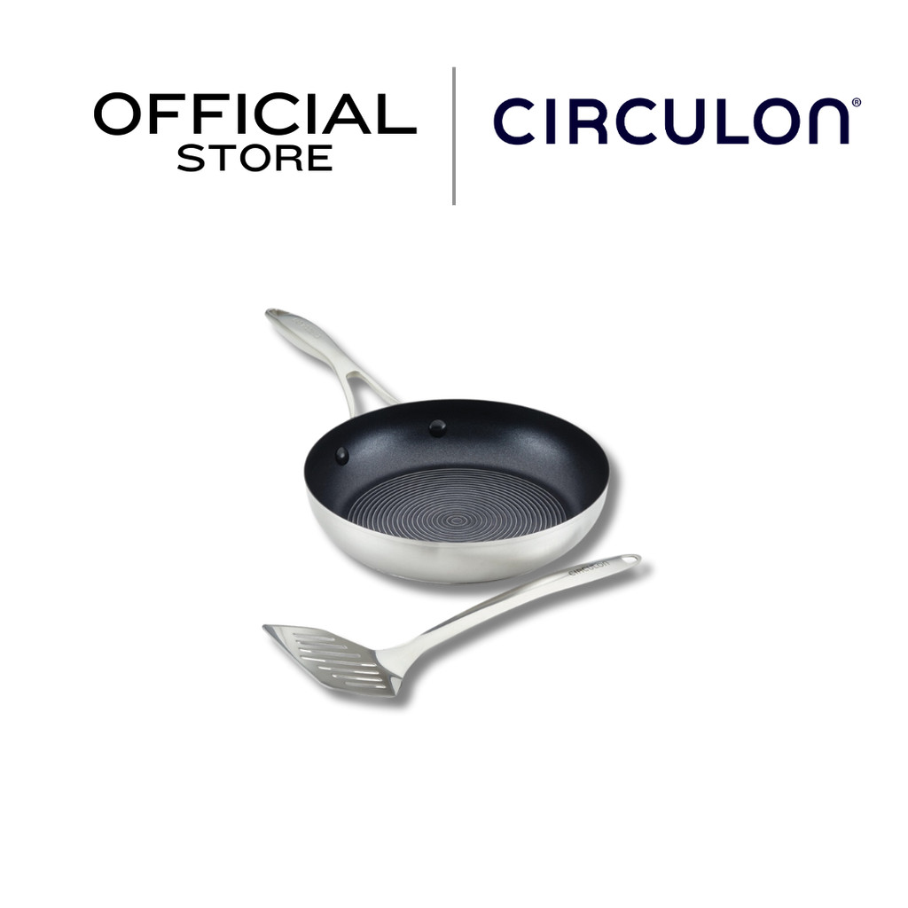 CIRCULON SteelShield S-Series กระทะทอดสแตนเลสเคลือบผิวลื่น ไซส์ 24 ซม./ตะหลิว Frypan with slotted turner (70055-T)