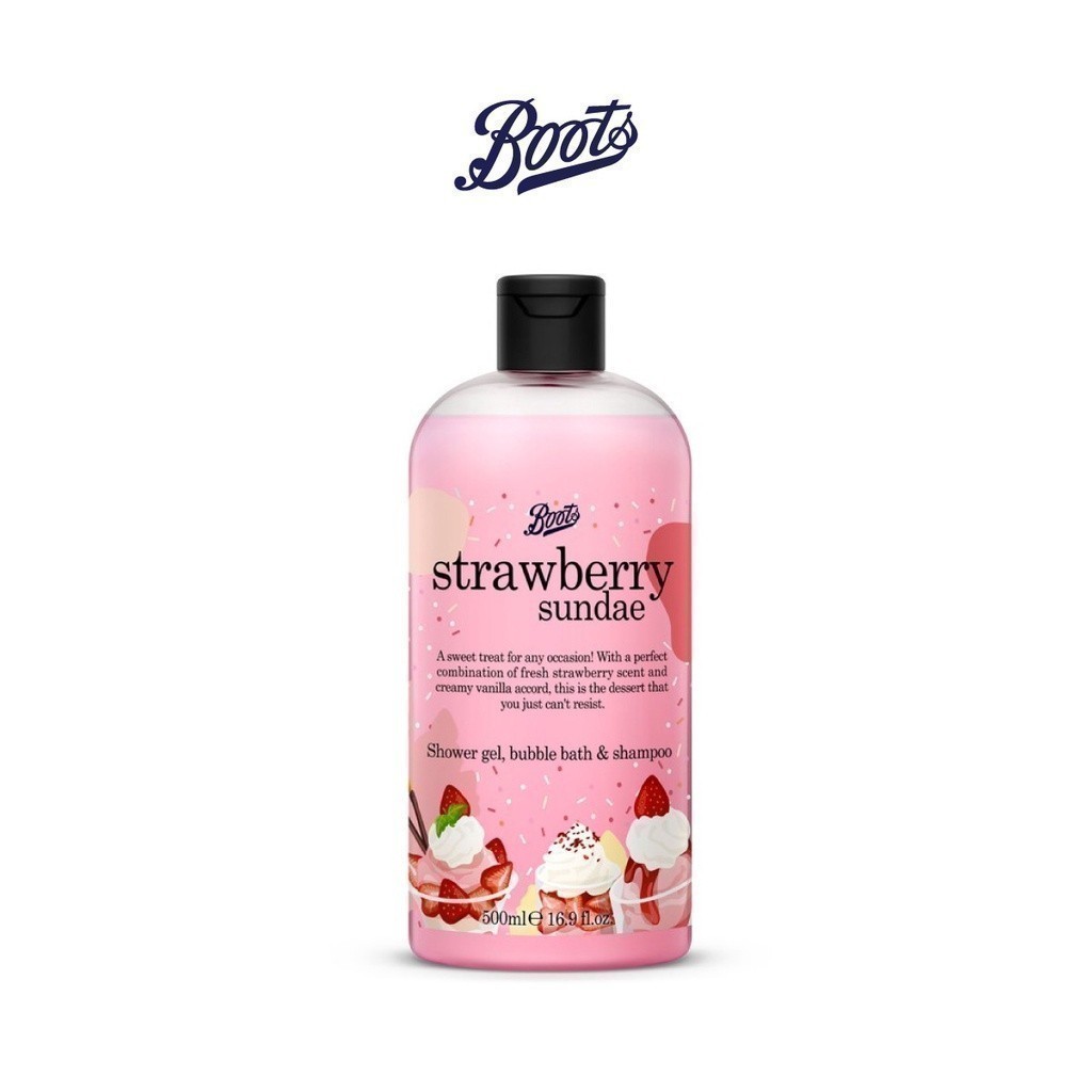 BOOTS Strawberry Sundae Shower Gel, Bubble Bath & Shampoo 500ML Flavour Collection
