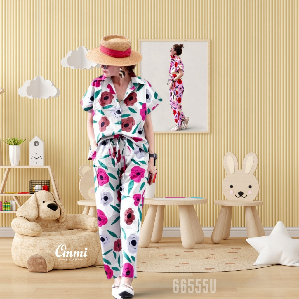 Ommishop 66555U ชุดเซ็ท เสื้อแขนสั้นคอปก และกางเกงขายาว ลายตอกอุเมะ Cotton Japan 100% (Bonus)[66555]