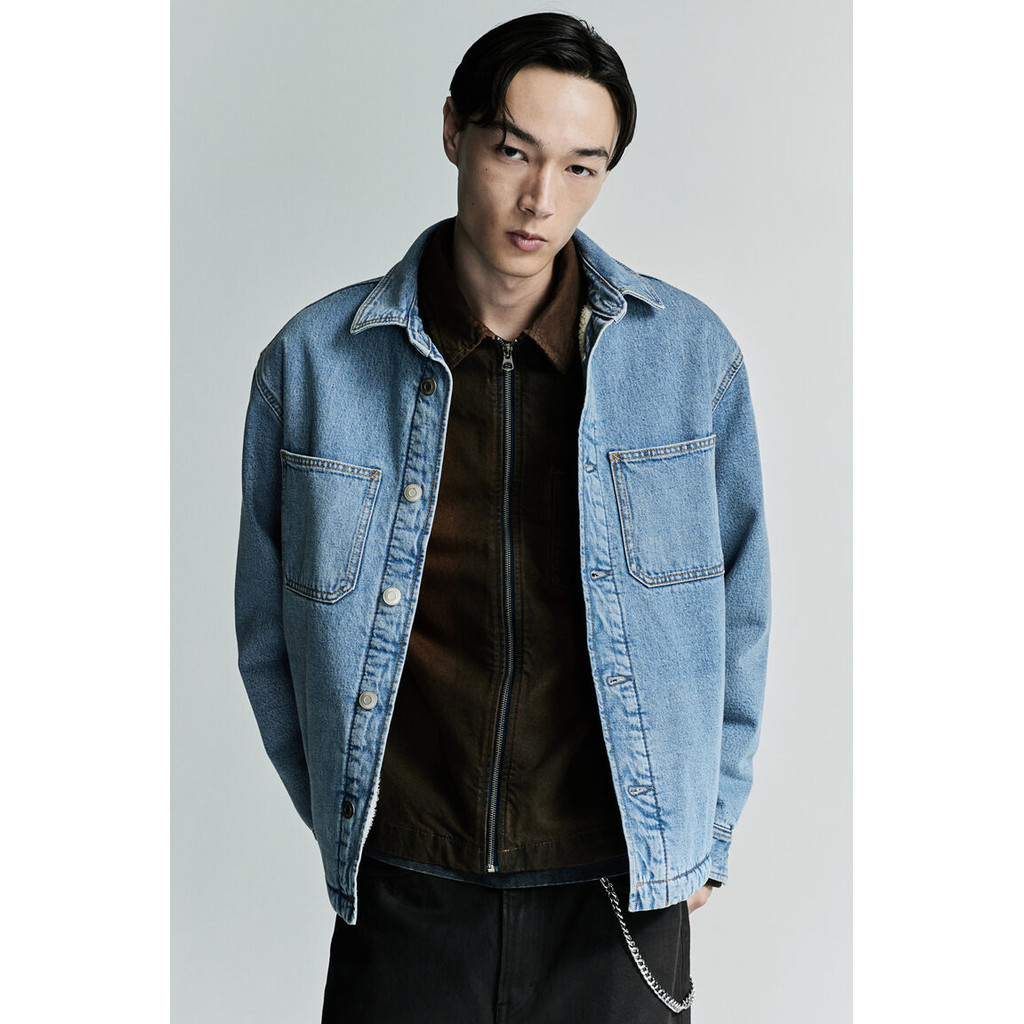 H&M Men Regular Fit Teddy-lined denim overshirt 1251689_1
