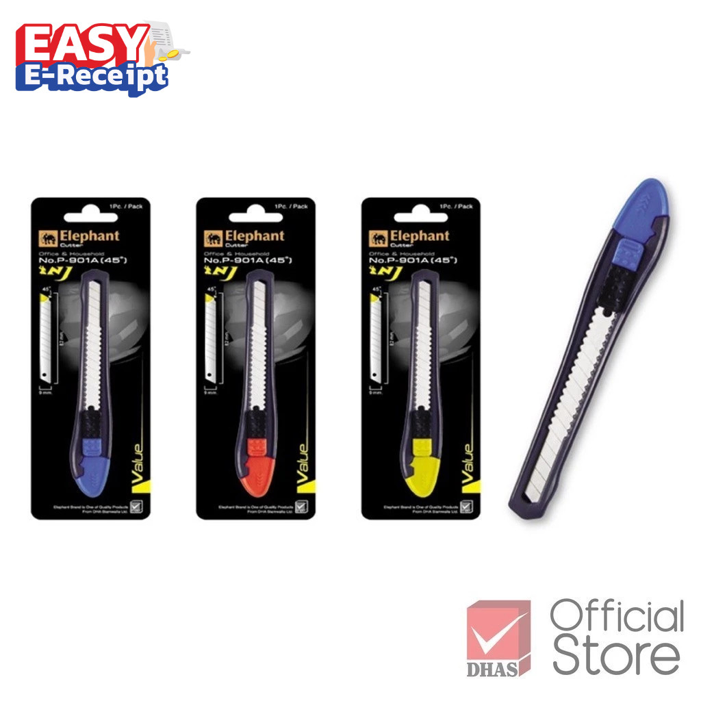 Elephant คัตเตอร์ มีดคัตเตอร์ Value รุ่น P-901A 9 มม. 45° ใบมีด SK5 คละสี จำนวน 1 อัน