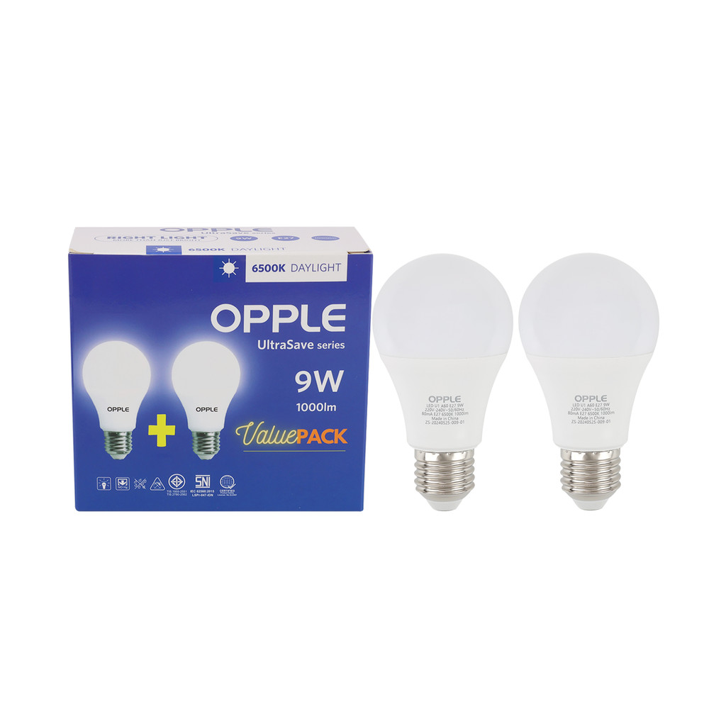 หลอดไฟ LED E27 9W Daylight OPPLE รุ่น LED U1 A60 E27 9W P2 (แพ็ก 2 ชิ้น)