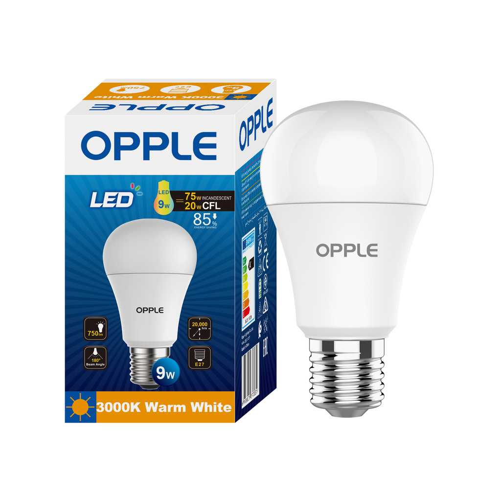 OPPLE หลอดไฟ LED E27 9W Warm White รุ่น E1A60-E27-9W-WWCTV7