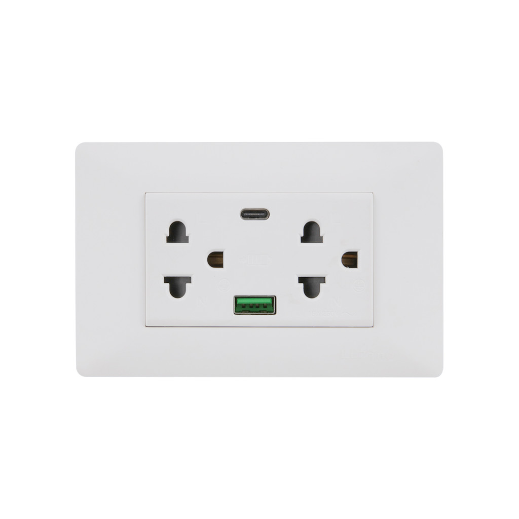 LUZINO ชุดเต้ารับคู่มีกราวด์+ม่านนิรภัย+USB Type A,C รุ่น MLS79-E3USBCA-PC สีขาว