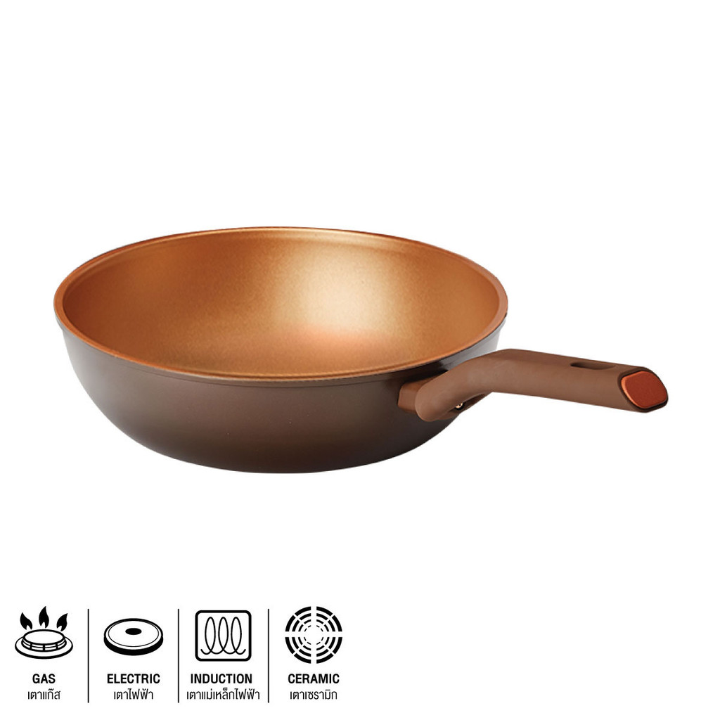 KASSA HOME กระทะด้ามนอนสติ๊กทรงลึก รุ่น L124AK-0028 ขนาด 28 ซม. สีน้ำตาล - ทอง