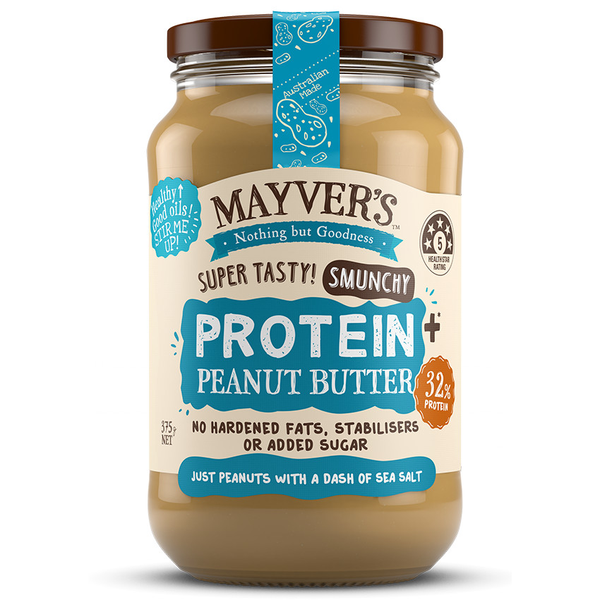 เนยถั่วโปรตีนสูง ไม่เติมน้ำตาล ไม่มีส่วนผสมของนม Mayvers Peanut Butter Protein Plus 375G
