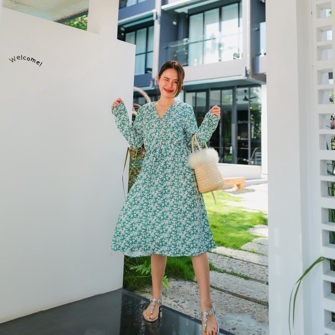 MyWay Brand : Dress ชุดเดรส - Greenish Bloom