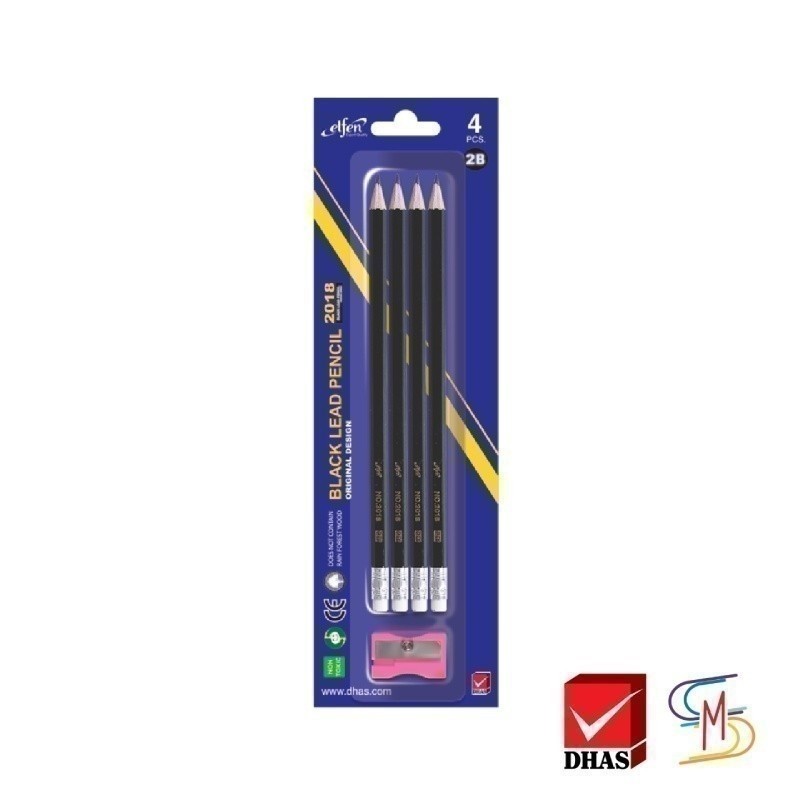 Elfen เอลเฟ่น ดินสอ ดินสอดำ ดินสอ 2b No.2018 จำนวน 4 แท่ง แถมฟรี! กบเหลาดินสอ