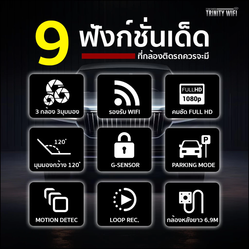 [แพ็คคู่กล้อง2ตัว] Dengo Trinity Wifi กล้องติดรถยนต์ 3 กล้อง เชื่อมต่อ Wifi ดูผ่านมือถือได้ ประกัน 1 ปี thumbnail 4