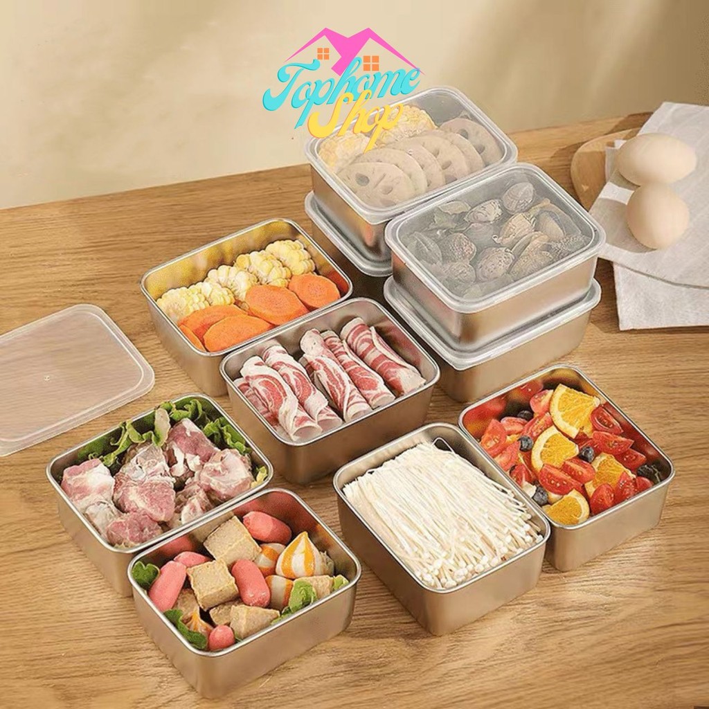 Topshome ถาดสเตนเลส ทรงสี่เหลี่ยมผืนผ้า พร้อมฝาปิดพลาสติก KN-S026