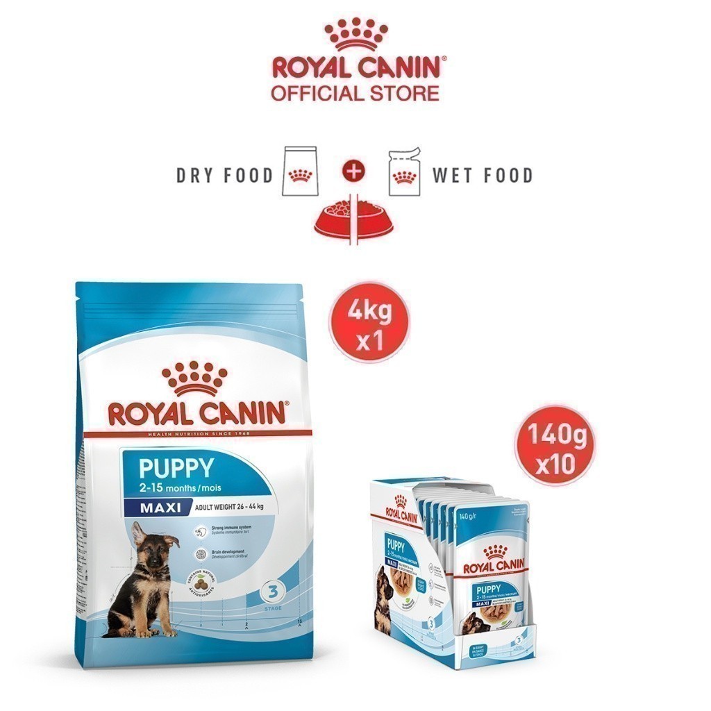Royal Canin Maxi Puppy อาหารเม็ดลูกสุนัข พันธุ์ใหญ่ อายุ 2-15 เดือน 4 กก.)+อาหารเปียกลูกสุนัข พันธุ์ใหญ่ 140 ก. X 10 ซอง