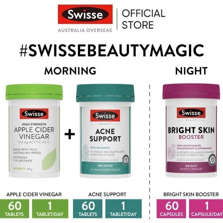 Swisse Beauty Magic Supplement Value Combo ชุดอาหารเสริมดูแลรูปร่างและผิวพรรณ (น้ำส้มสายชูแอปเปิ้ล+รักษาสิว+บำรุงผิวให้สดใส) (EXP:03 2027)