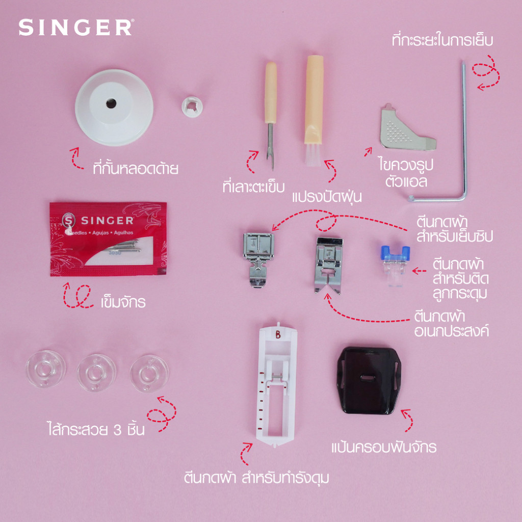 Singer 3210 จักรกระเป๋าหิ้ว Mechanical  10 ลาย ขาว-ชมพู (Mechanical  10  Stitches white -pink) - รูปที่ 7