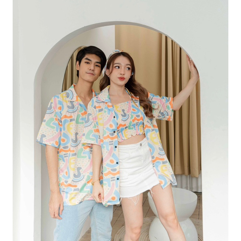 *ใช้โค้ดได้*Minimal Set เชิ้ตแขนสั้น Cropเกาะอก รุ่น Choux Cream Set