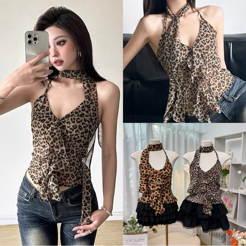 เสื้อสายเดี่ยวผ้าลายเสือ🐆พิมพ์ลาย+ ผ้าผูกคอ ทรงสวยเซ็กซี่ สายแซ่บพลาดไม่ได้เลยค่า - รูปที่ 2
