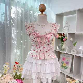 เสื้อครอปแขนตุ๊กตาผ้าพิมพ์ลาย สาวอวบใส่ได้อก 38 โทนหวานละมุนมากค่า ผู้หญิง Women Clothing (เสื้ออย่างเดียว)