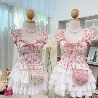 เสื้อครอปแขนตุ๊กตาผ้าพิมพ์ลาย สาวอวบใส่ได้อก 38 โทนหวานละมุนมากค่า ผู้หญิง Women Clothing (เสื้ออย่างเดียว)