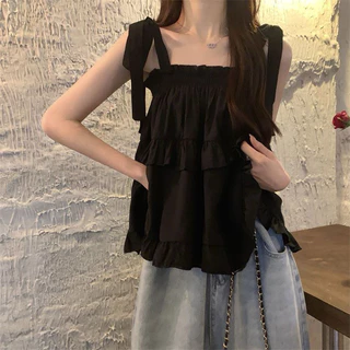 เสื้อสายเดียวคอเหลี่ยมผูกไหล่ ทรงเรียบๆน่ารักสไตล์เกาหลี