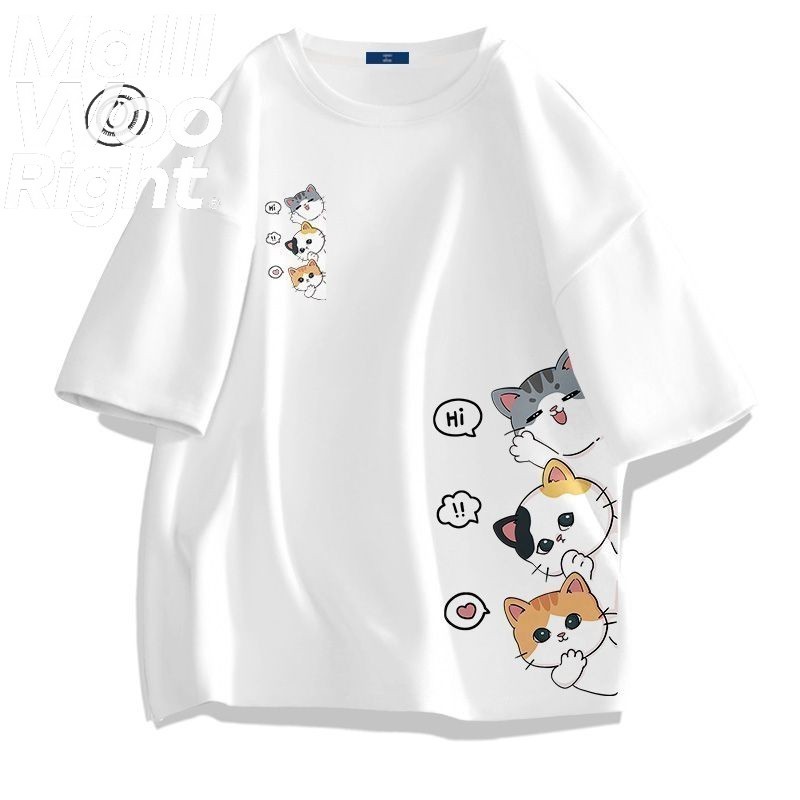 (จัดส่งตลอด 24 ชั่วโมง)Woo Right ผ้าฝ้าย100% แมวน่ารักพิมพ์ลายเสื้อยืด เสื้อผ้าแฟชั่นผู้หญิง ผ้าโพลีเอสเตอร์